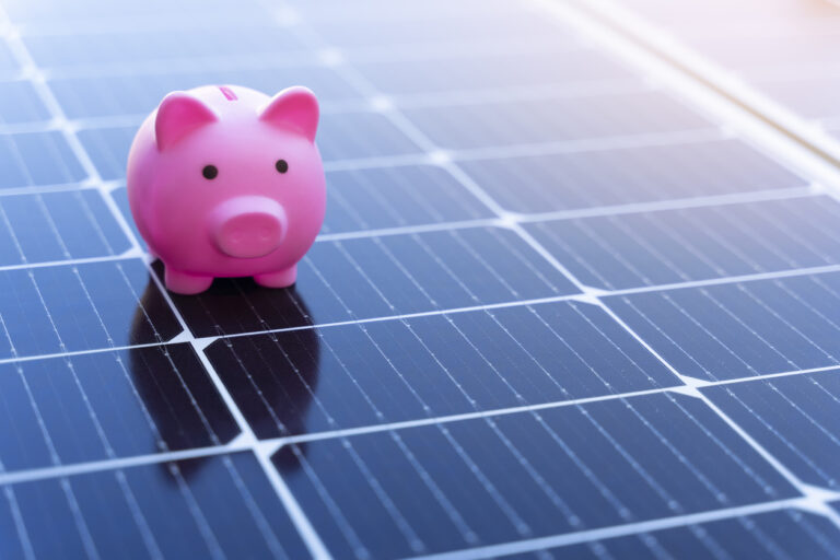 Ein Sparschwein steht auf Solarmodulen von Solar-Anlagen.