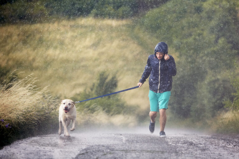 Ein Mann und ein Hund rennen im Unwetter im Sommer einen Weg entlang und werden dabei nass.