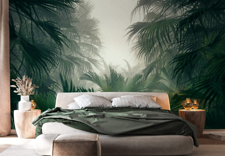 Tropische grüne Fototapete im Schlafzimmer