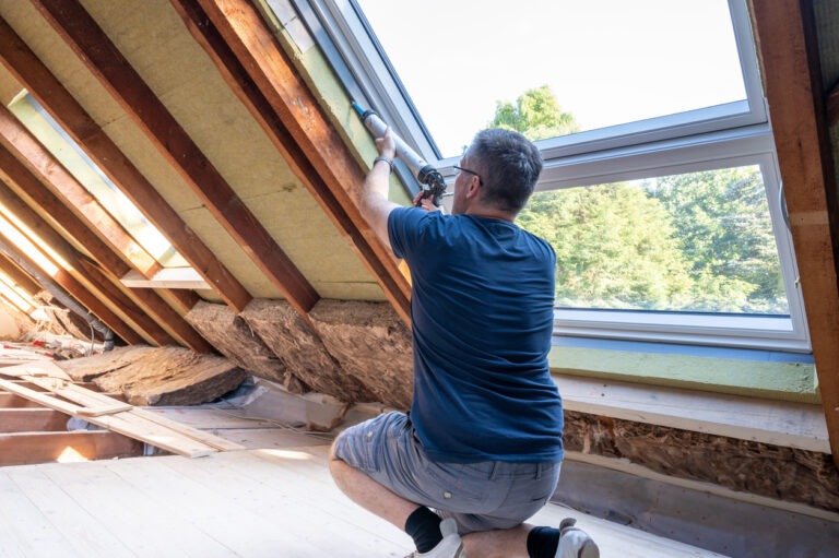 Ein Mann arbeitet an einem Fenster, während die Wände mit Dämmung versehen werden.