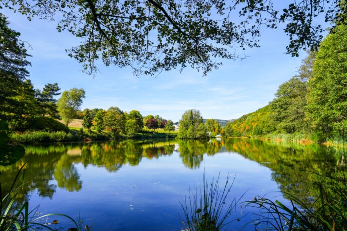 Der See liegt in idyllischer Landschaft ganz ruhig an einem sommerlichen Tag.